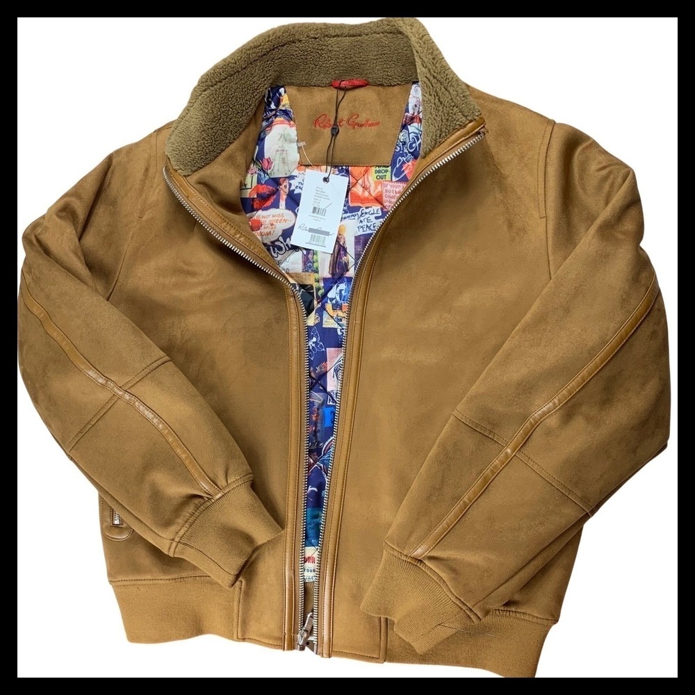 NWT Robert Graham Mens Vegan Suede Bomber Jacket Tan Sherpa Collar RGF23R81 Sz M